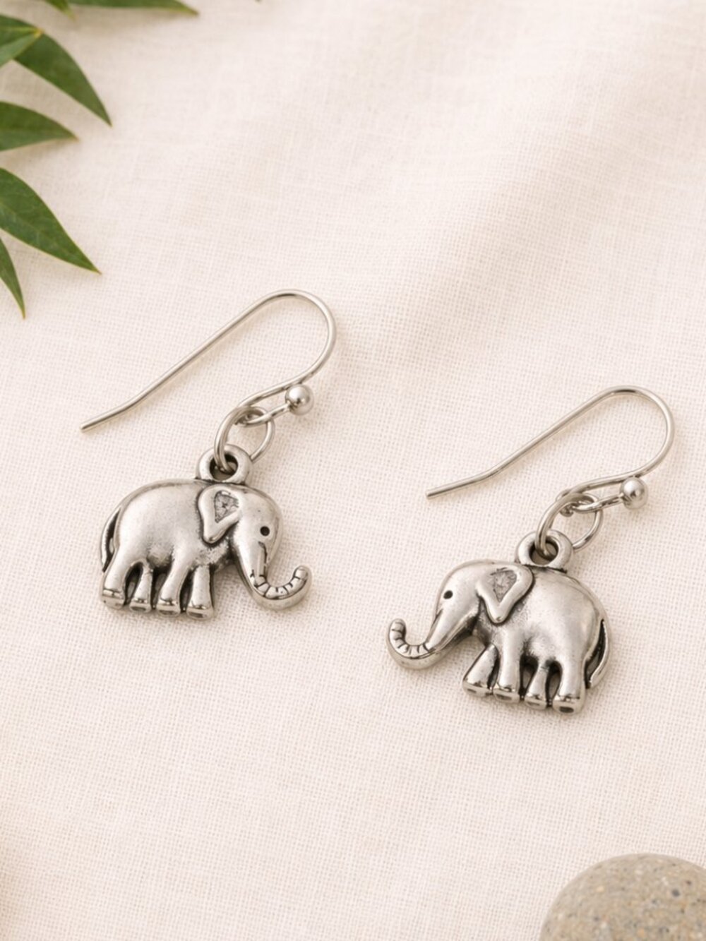 Dainty Lucky Elephant Charm Dangle Earrings Antiqued Silver